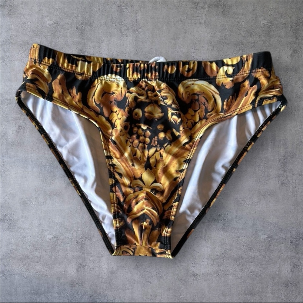 SHEIN Men's Swim Briefs - Black and Gold Baroque